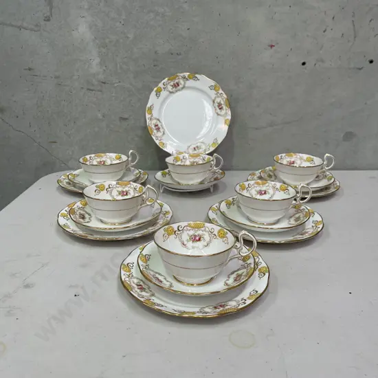 Set of 6 Vintage Royal Albert Handpainted Trios. Wide cup style with gilded and floral detail