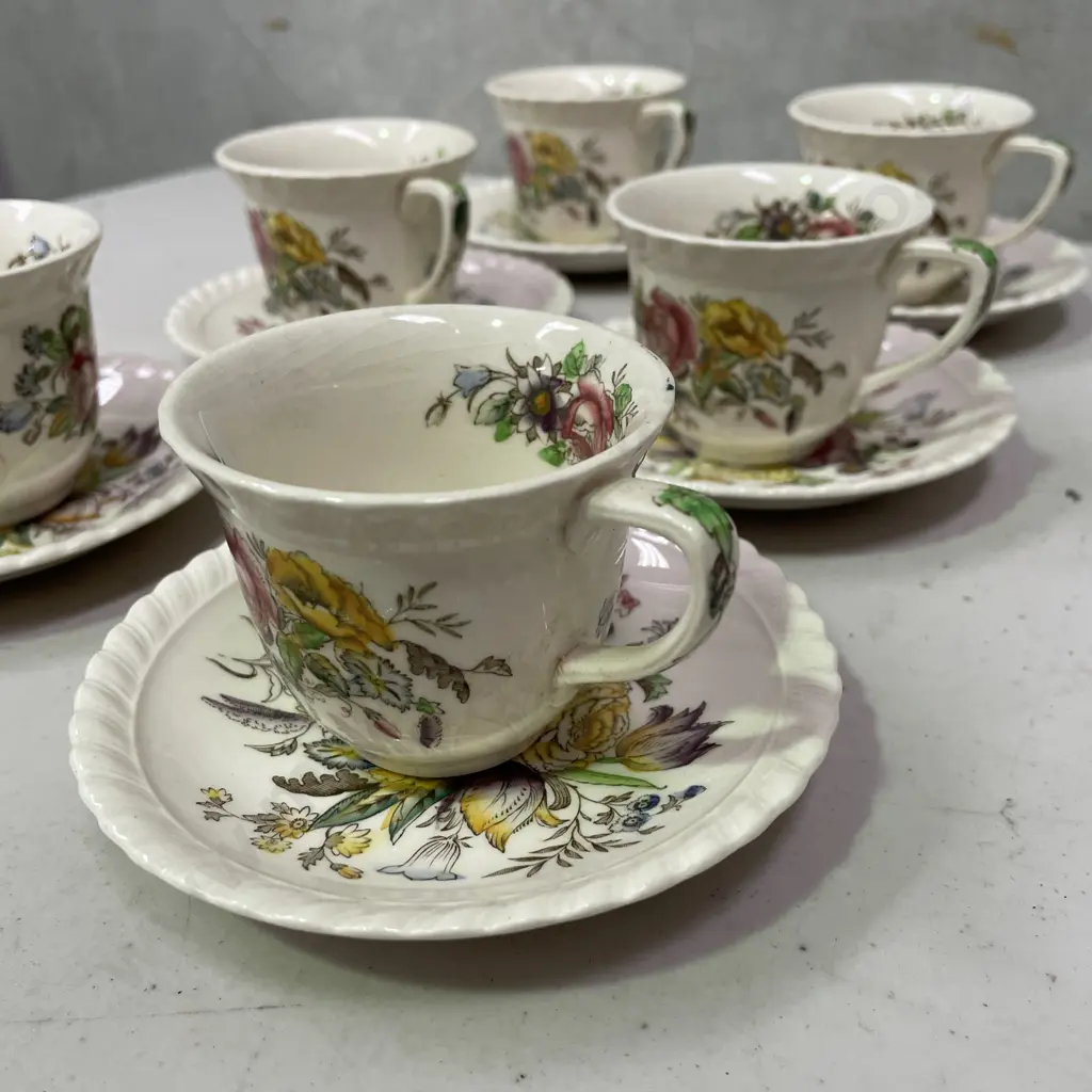 Set of 6 Vintage Johnson Bros, England Windsor Ware "Garden Bouquet" Demitasse Duos Image 1++