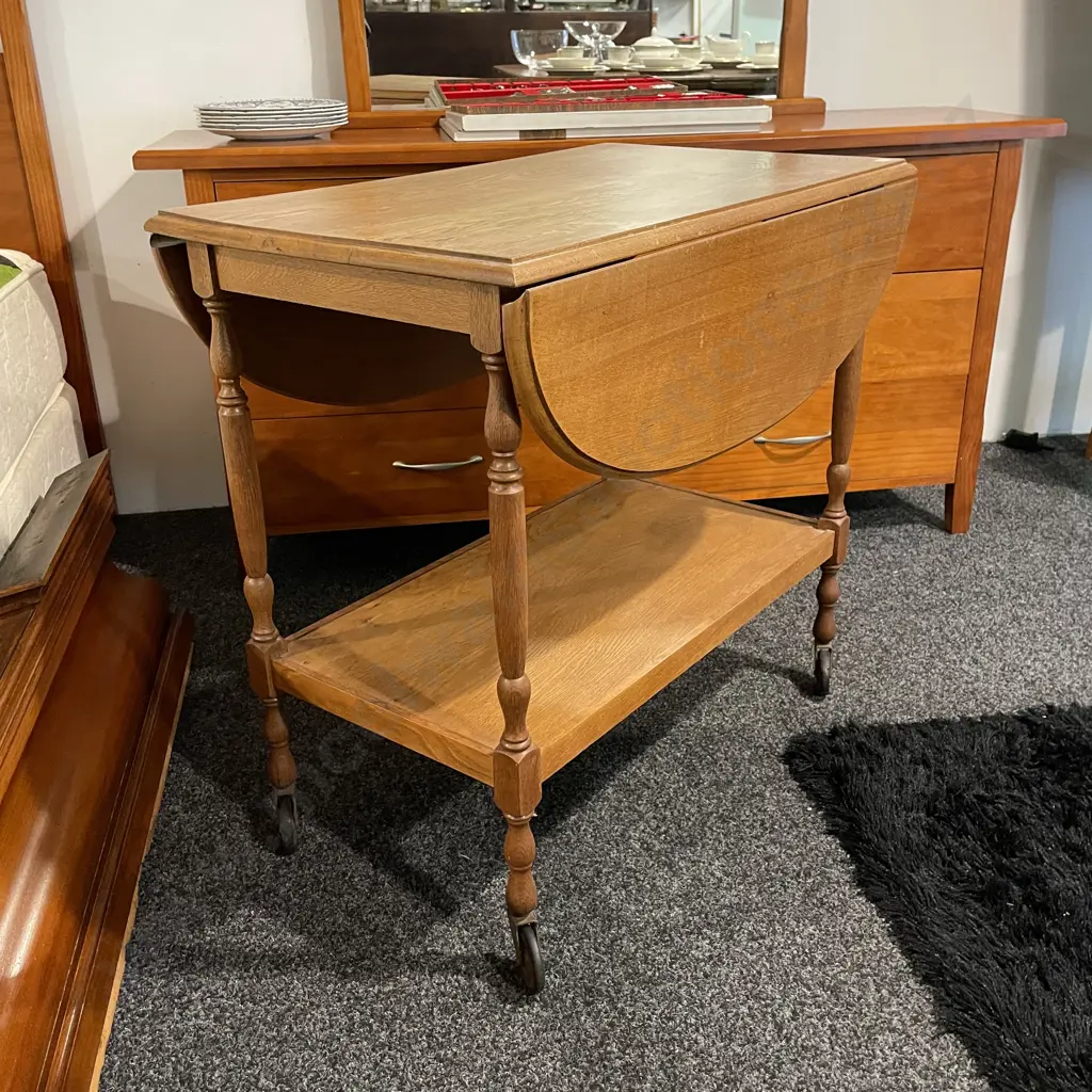 Vintage Solid Oak Dropside Tea Trolley. H78cm. Full size oval top 94 x 78cm Image 1++