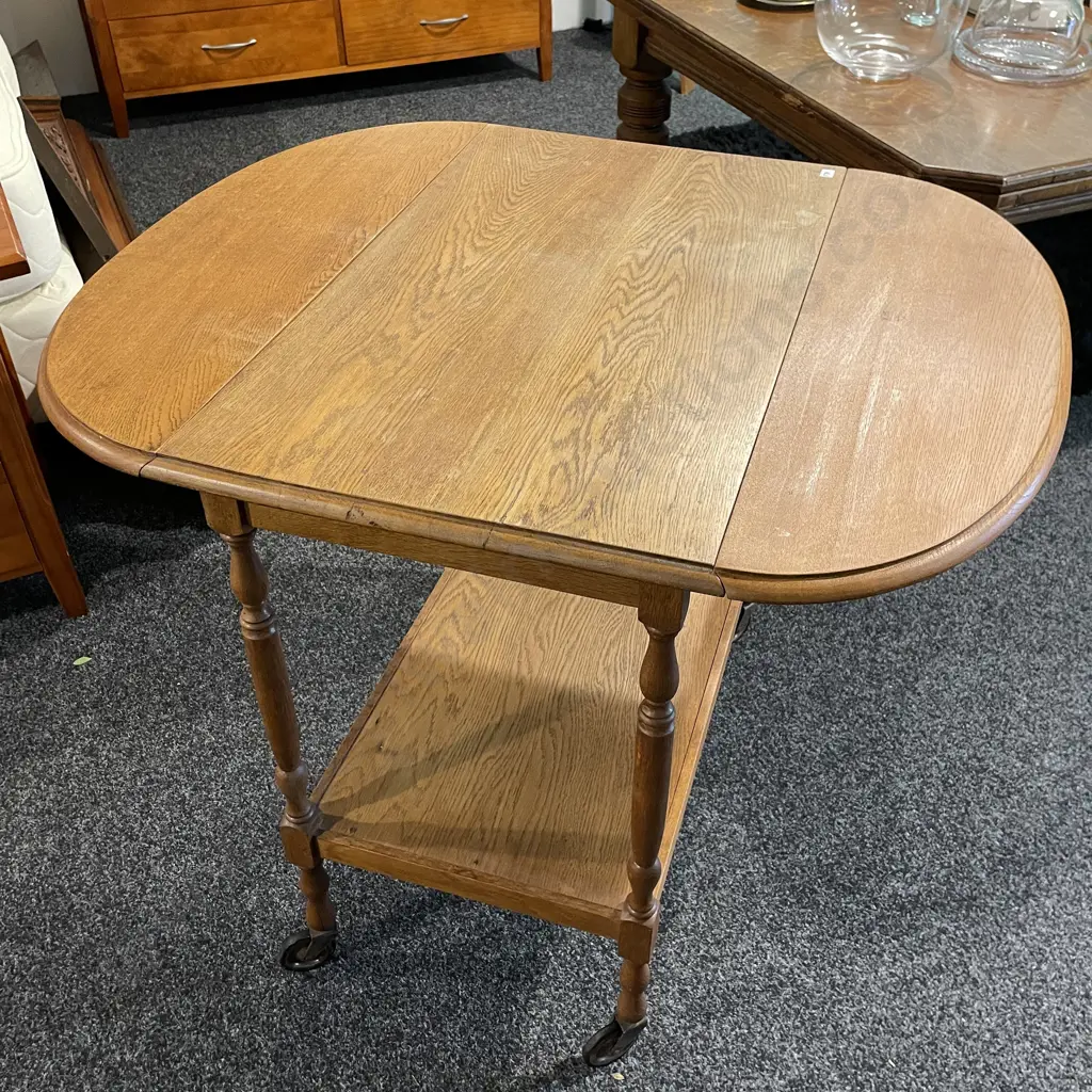 Vintage Solid Oak Dropside Tea Trolley. H78cm. Full size oval top 94 x 78cm Image 1++