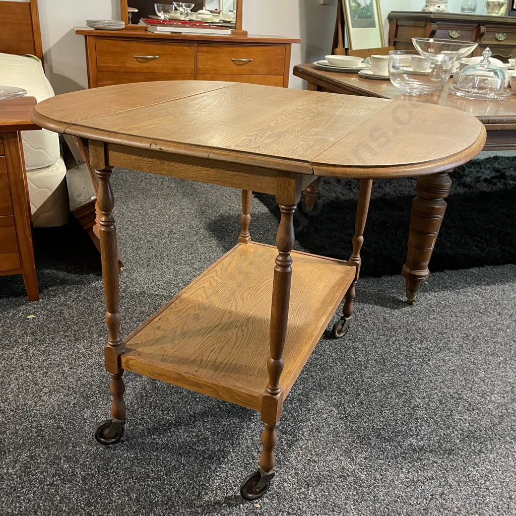 Vintage Solid Oak Dropside Tea Trolley. H78cm. Full size oval top 94 x 78cm Image 1++