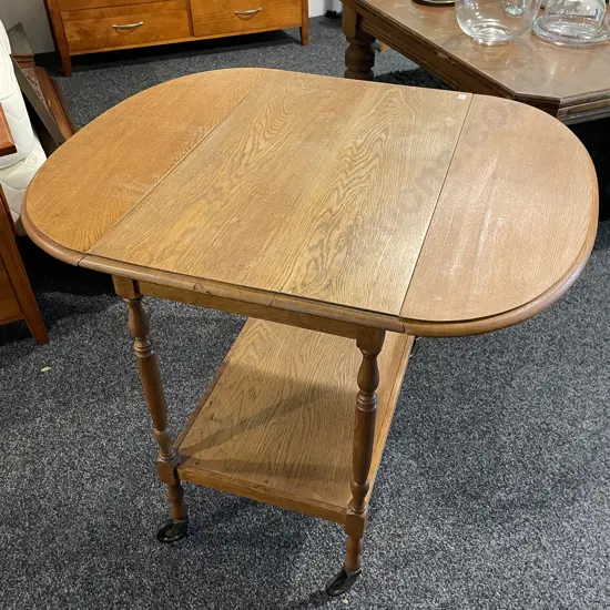 Vintage Solid Oak Dropside Tea Trolley. H78cm. Full size oval top 94 x 78cm
