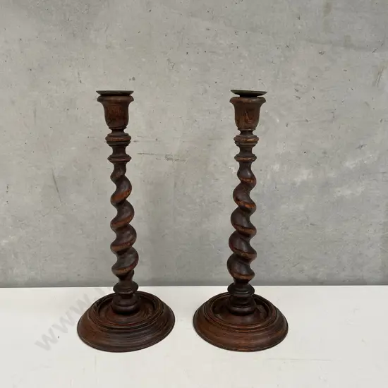 Vintage Pair of Oak Barley Twist Candle Sticks H50cm