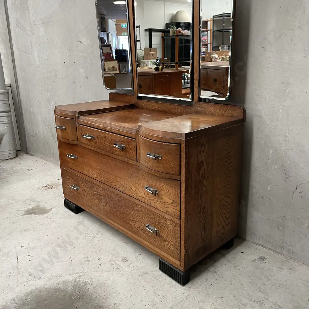 Vintage Solid Oak 5 Drawer Dressing Table with bevelled tri mirror set. H168 W112 D50cm Image 1++