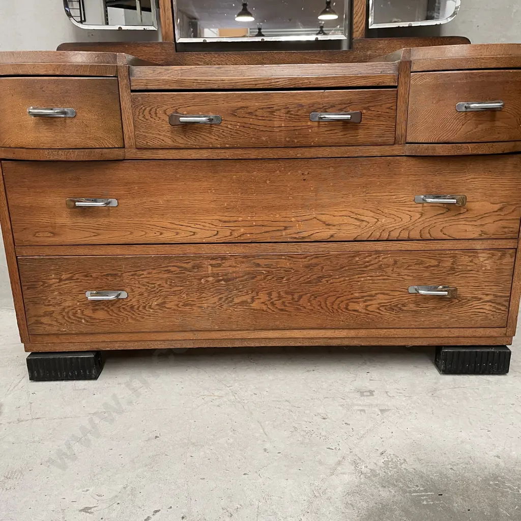 Vintage Solid Oak 5 Drawer Dressing Table with bevelled tri mirror set. H168 W112 D50cm Image 1++