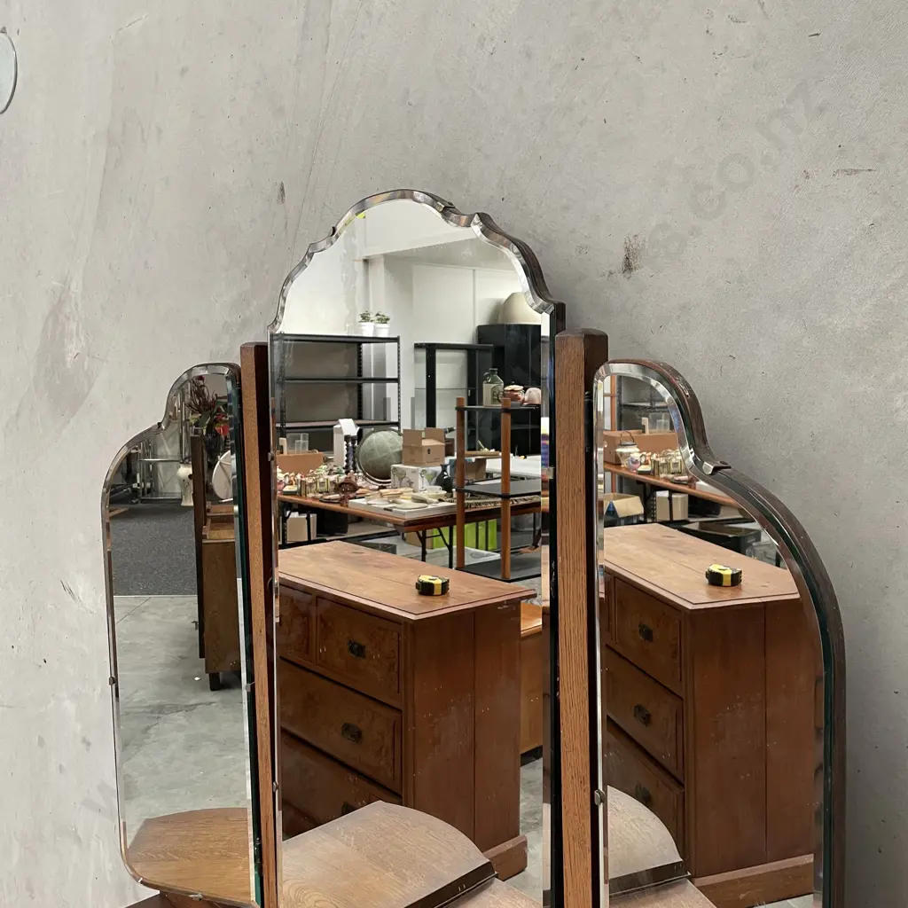 Vintage Solid Oak 5 Drawer Dressing Table with bevelled tri mirror set. H168 W112 D50cm Image 1++