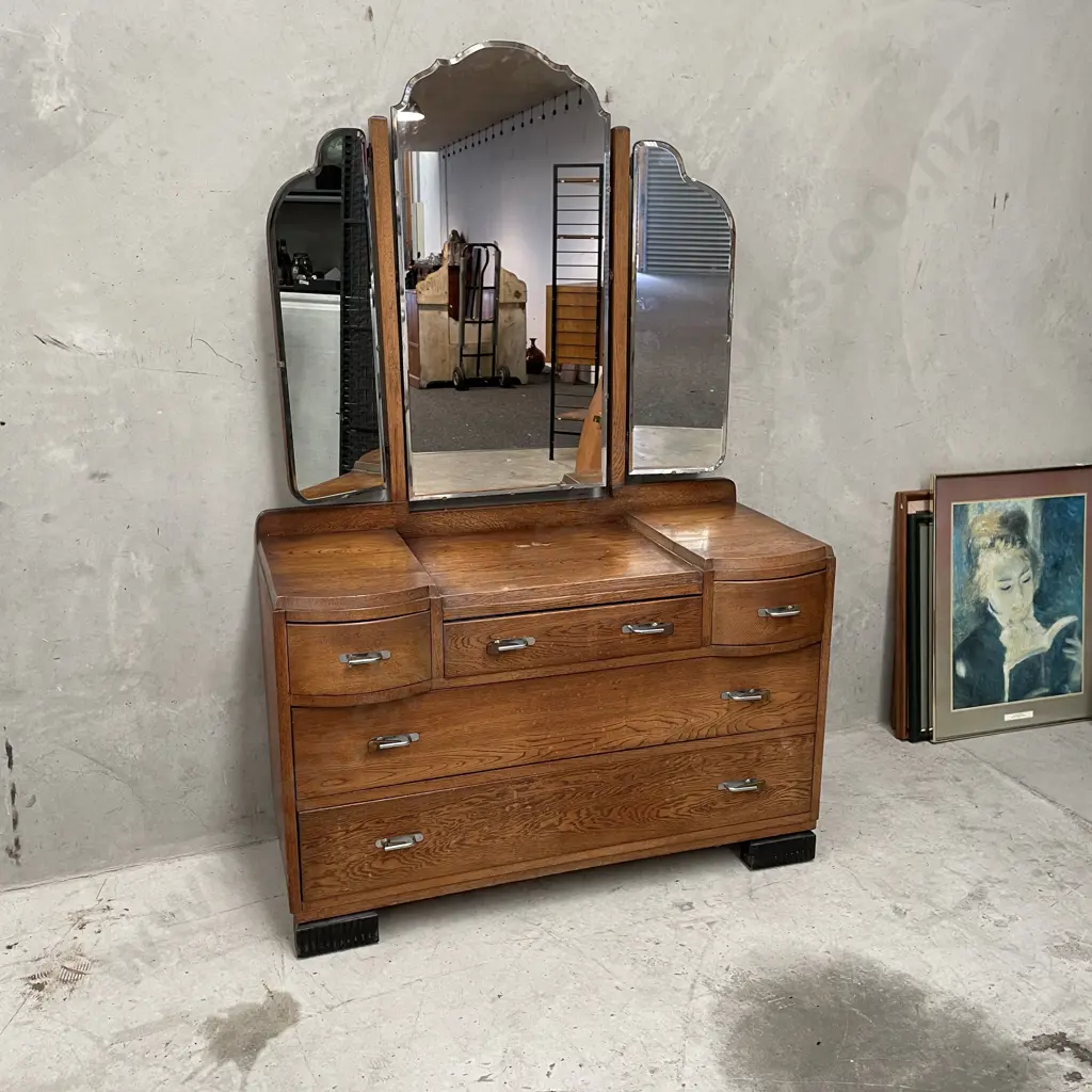 Vintage Solid Oak 5 Drawer Dressing Table with bevelled tri mirror set. H168 W112 D50cm Image 1++