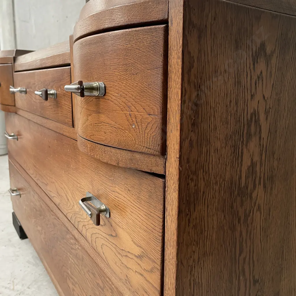 Vintage Solid Oak 5 Drawer Dressing Table with bevelled tri mirror set. H168 W112 D50cm Image 1++