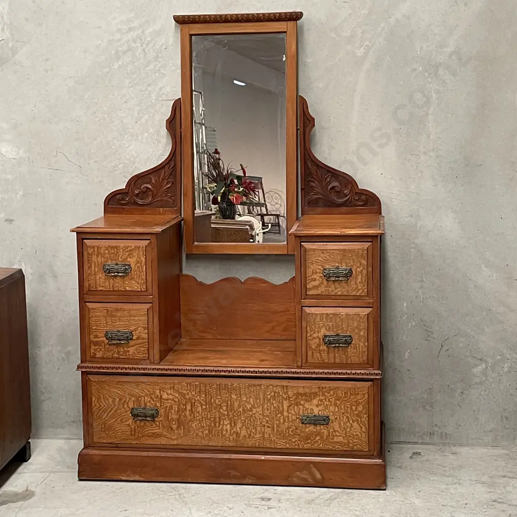 Antique Mottled Kauri? Solid Wood Dressing Table Chest with Mirror. H162 W106 D44cm Image 1++