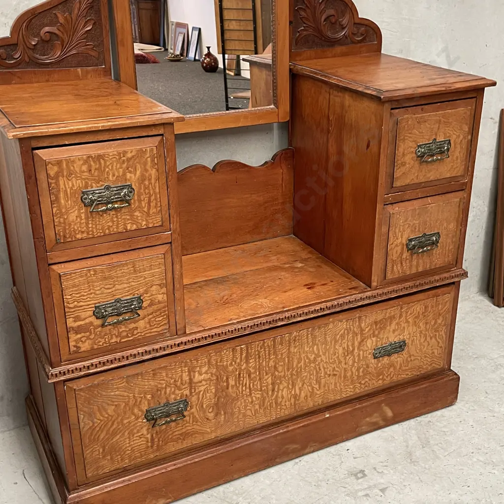 Antique Mottled Kauri? Solid Wood Dressing Table Chest with Mirror. H162 W106 D44cm Image 1++