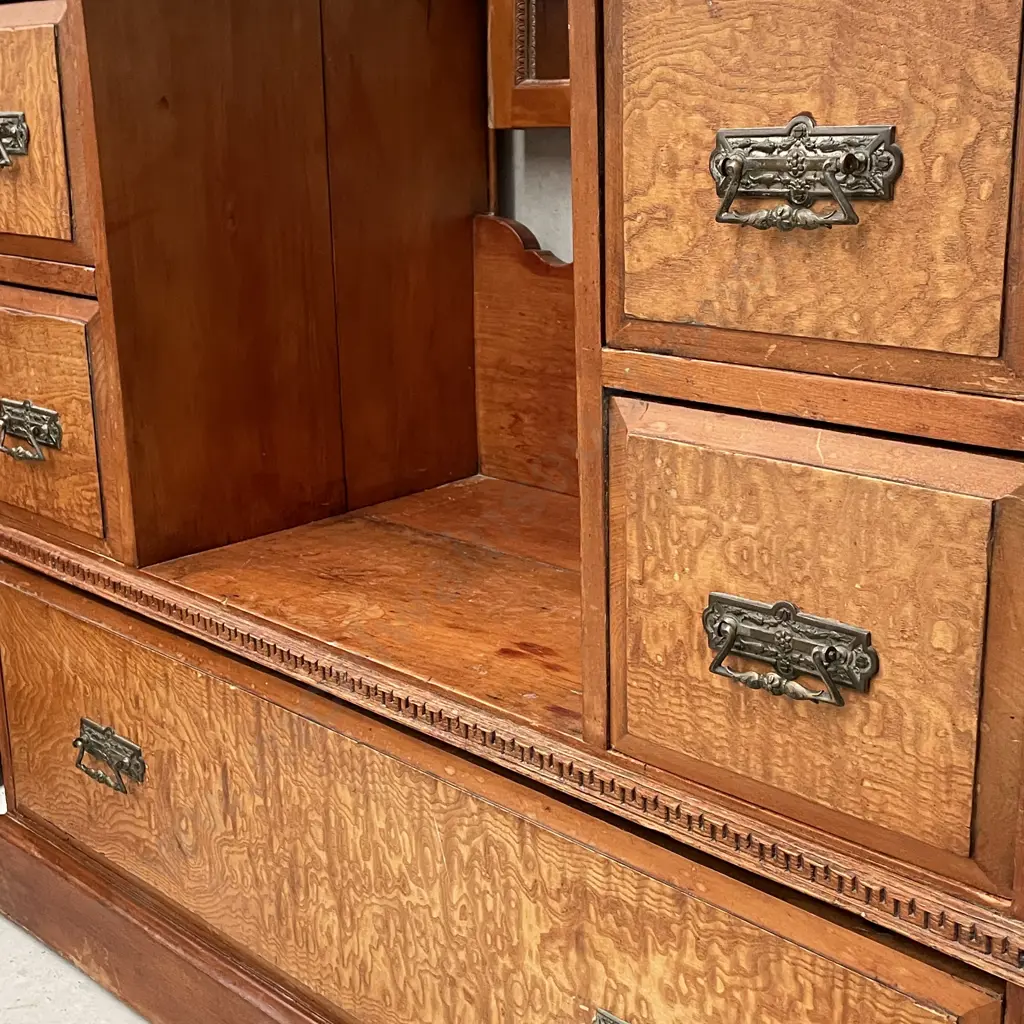 Antique Mottled Kauri? Solid Wood Dressing Table Chest with Mirror. H162 W106 D44cm Image 1++