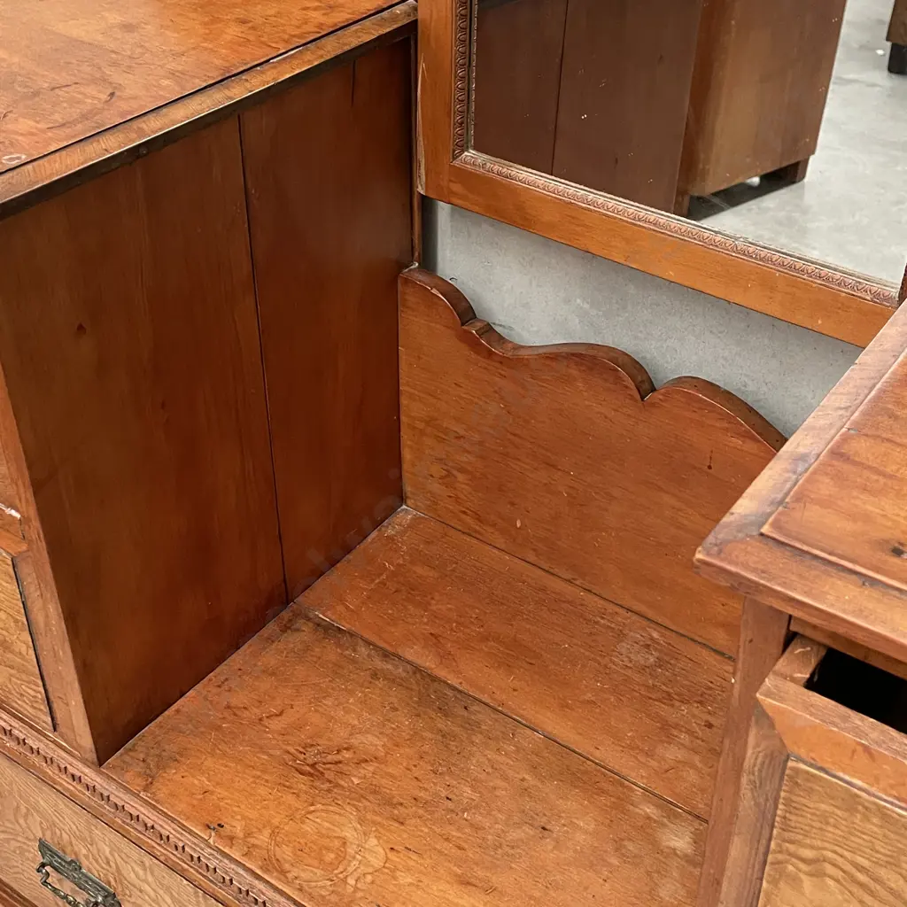 Antique Mottled Kauri? Solid Wood Dressing Table Chest with Mirror. H162 W106 D44cm Image 1++