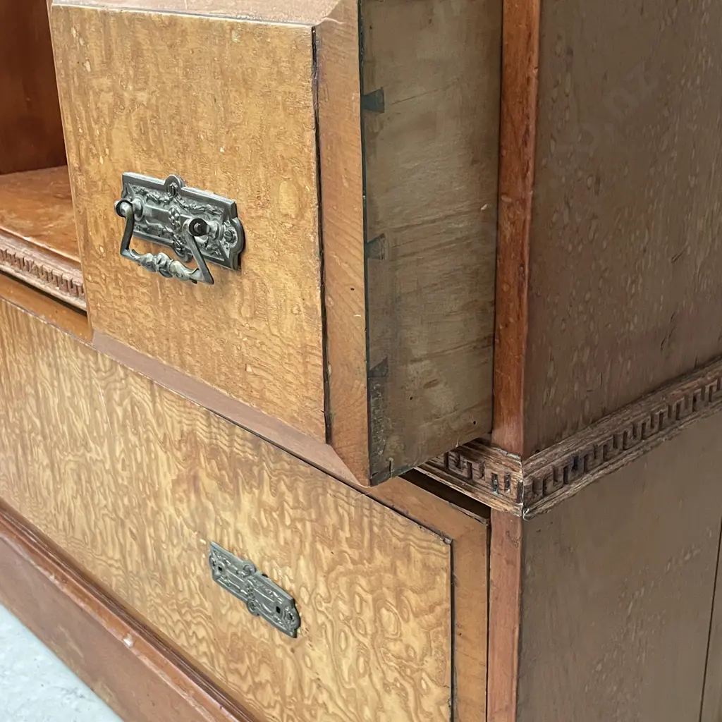 Antique Mottled Kauri? Solid Wood Dressing Table Chest with Mirror. H162 W106 D44cm Image 1++