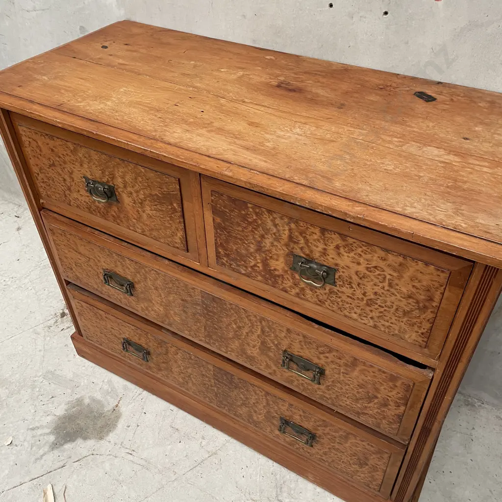 Antique Mottled Kauri? Solid wood 4 Drawer Chest. Vintage Condition with some borer. H87 W107 D46cm Image 1++