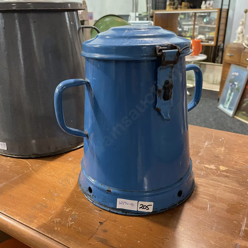 Vintage Lidded Blue Painted 2 Handled Enamel Pot, H26 Dia20cm Image 1++