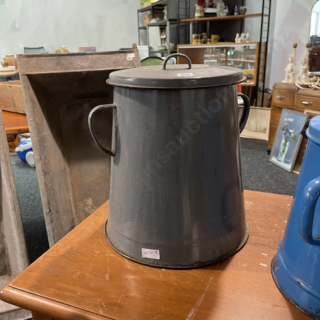 Vintage Lidded Grey Painted 2 Handled Enamel Pot, H32 Dia20cm Image 1++