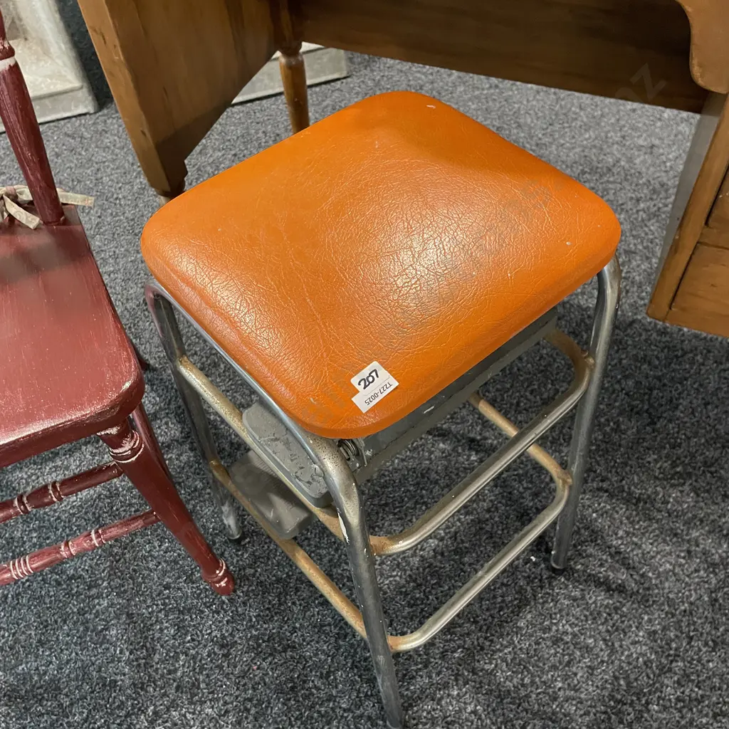 Vintage Retro Kitchen Stool Step Ladder with orange Vinyl Seat Image 1++