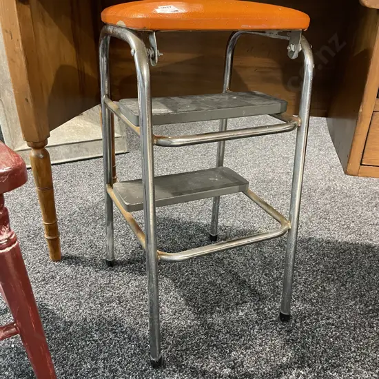 Vintage Retro Kitchen Stool Step Ladder with orange Vinyl Seat