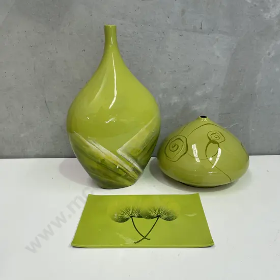 Two Large Lime Coloured Decorative Ceramic Vases with Lime Lacquered Tray
