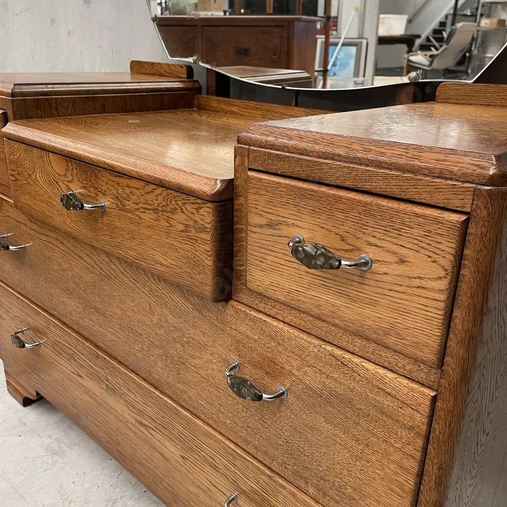 Vintage Solid Oak Art Deco 5 Drawer Dressing Table with central bevelled top mirror. H150 W101 D50cm Image 1++