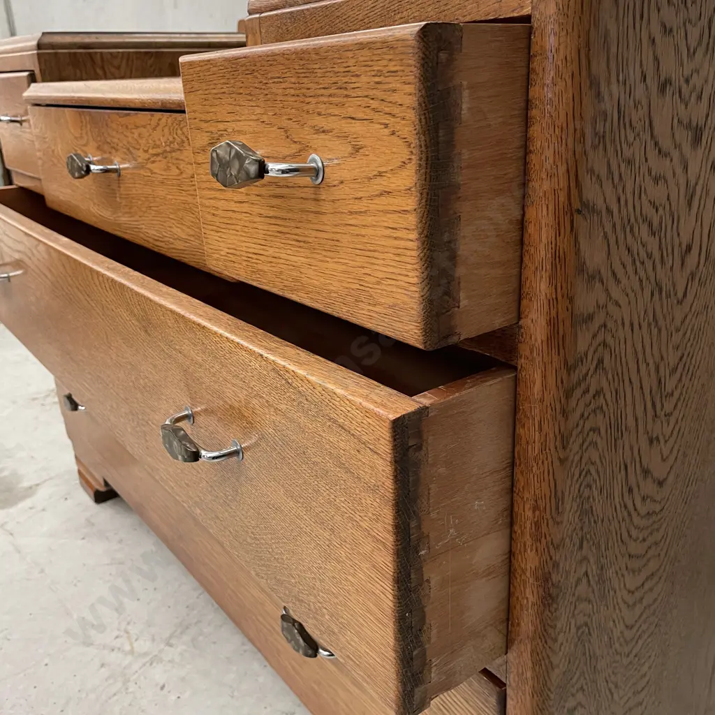 Vintage Solid Oak Art Deco 5 Drawer Dressing Table with central bevelled top mirror. H150 W101 D50cm Image 1++