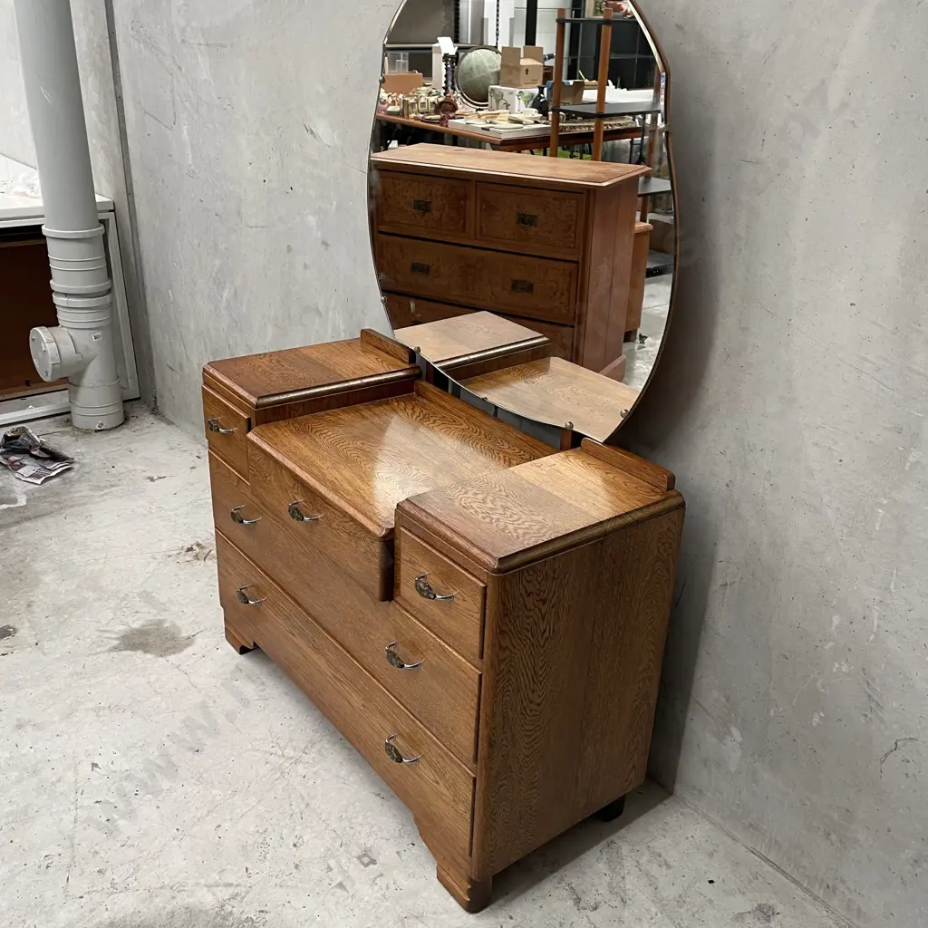 Vintage Solid Oak Art Deco 5 Drawer Dressing Table with central bevelled top mirror. H150 W101 D50cm Image 1++