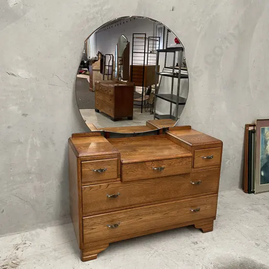 Vintage Solid Oak Art Deco 5 Drawer Dressing Table with central bevelled top mirror. H150 W101 D50cm