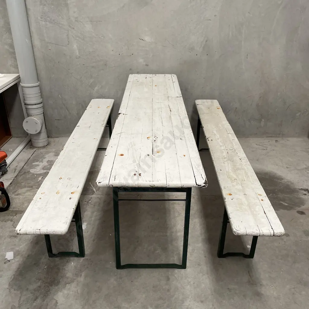 3 Piece Outdoor Bench Seat and Table Setting. Folding. Length 2.2 metres. Height of table 78cm Image 1++