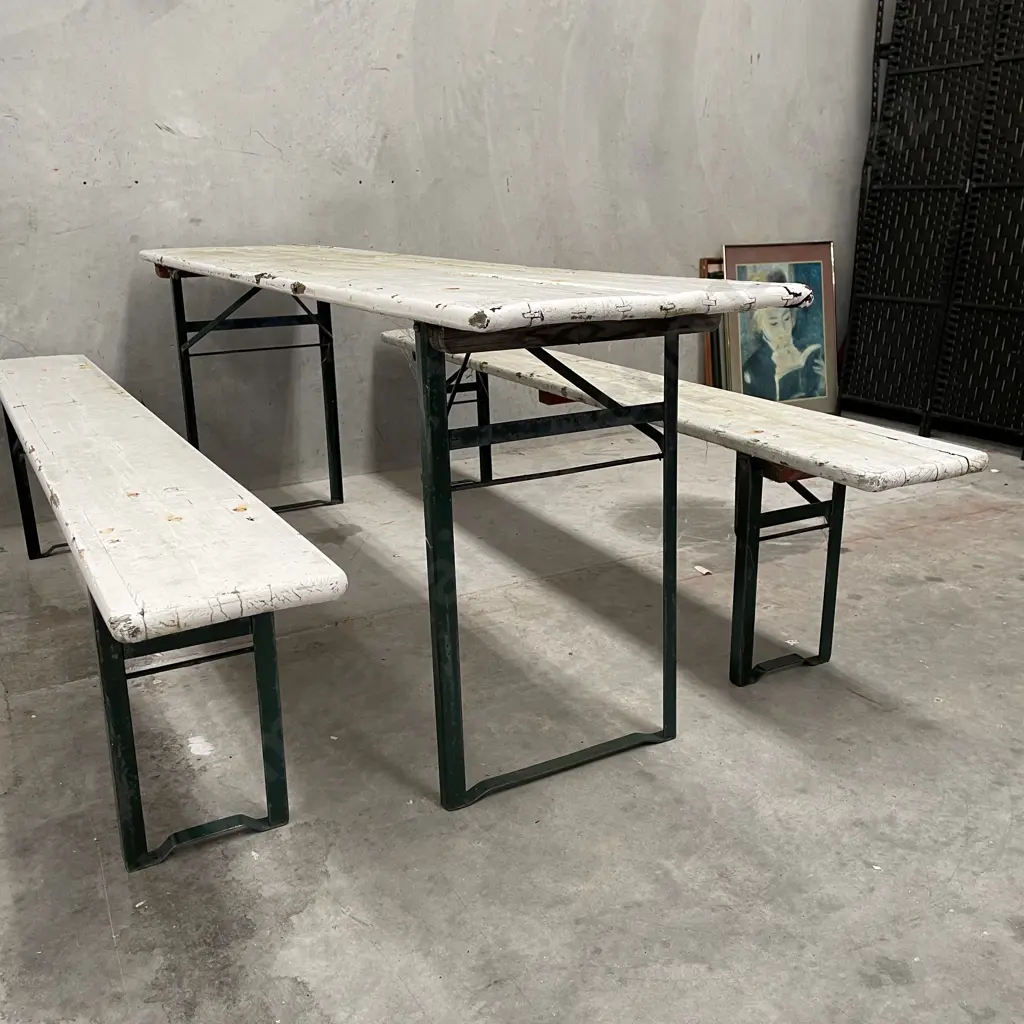 3 Piece Outdoor Bench Seat and Table Setting. Folding. Length 2.2 metres. Height of table 78cm Image 1++