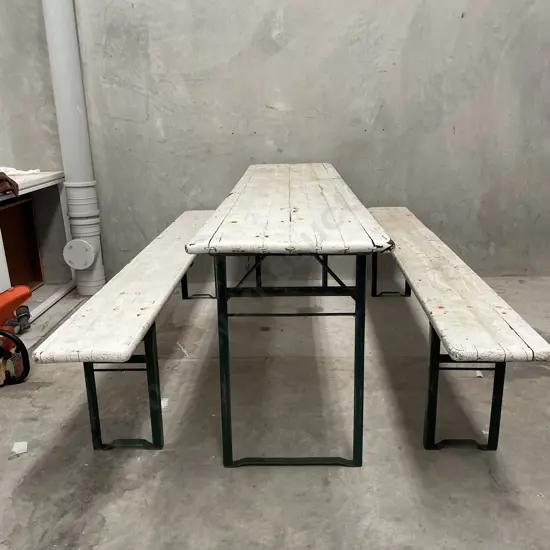 3 Piece Outdoor Bench Seat and Table Setting. Folding. Length 2.2 metres. Height of table 78cm