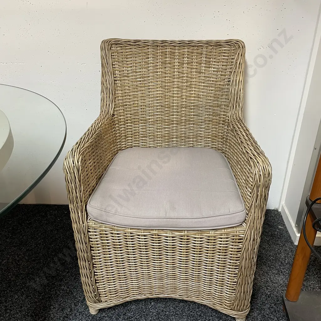 Freedom Furniture Glass Topped Concrete Resin Round Table on Tri Legged Wooden Base with pair of Rattan Chairs Image 1++