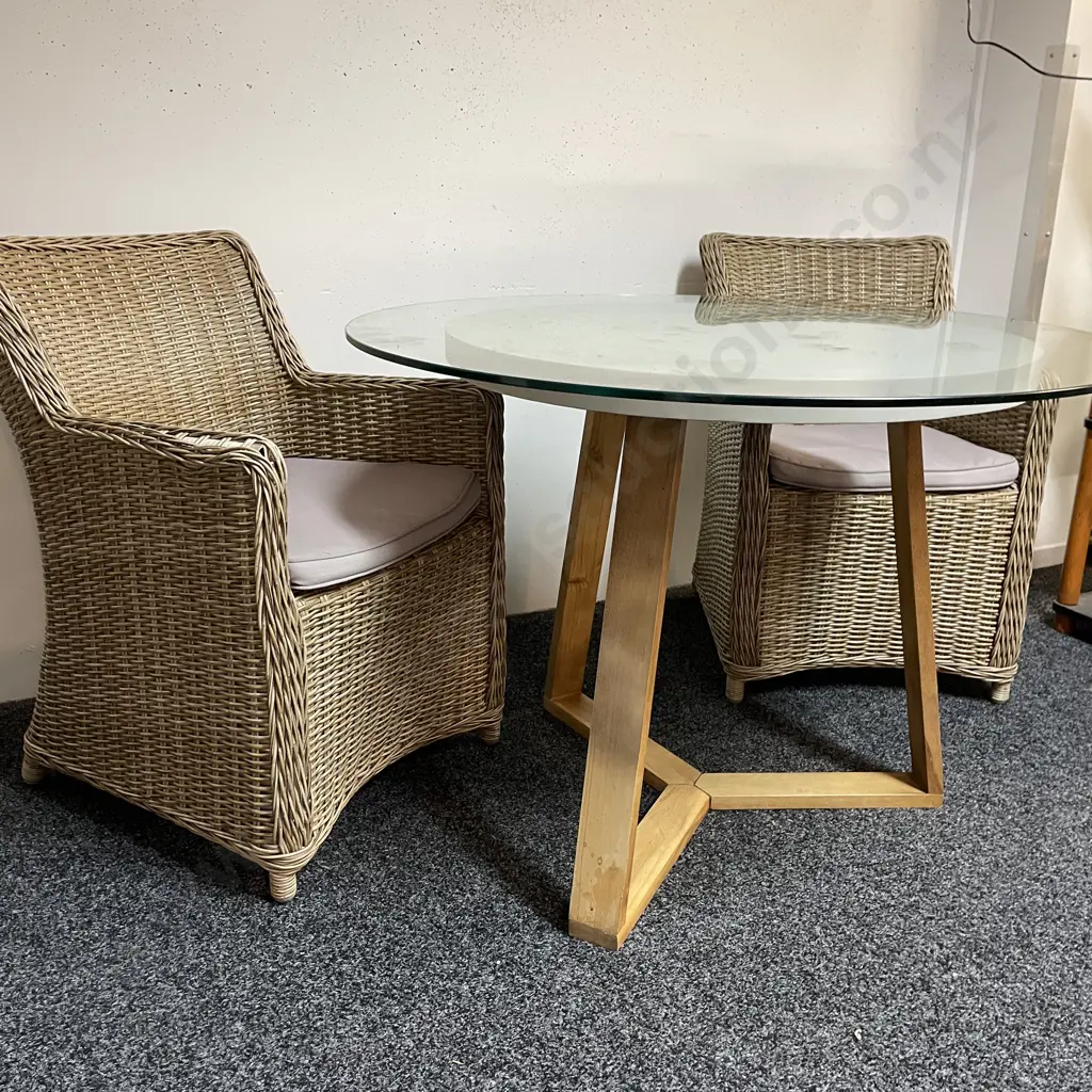 Freedom Furniture Glass Topped Concrete Resin Round Table on Tri Legged Wooden Base with pair of Rattan Chairs Image 1++