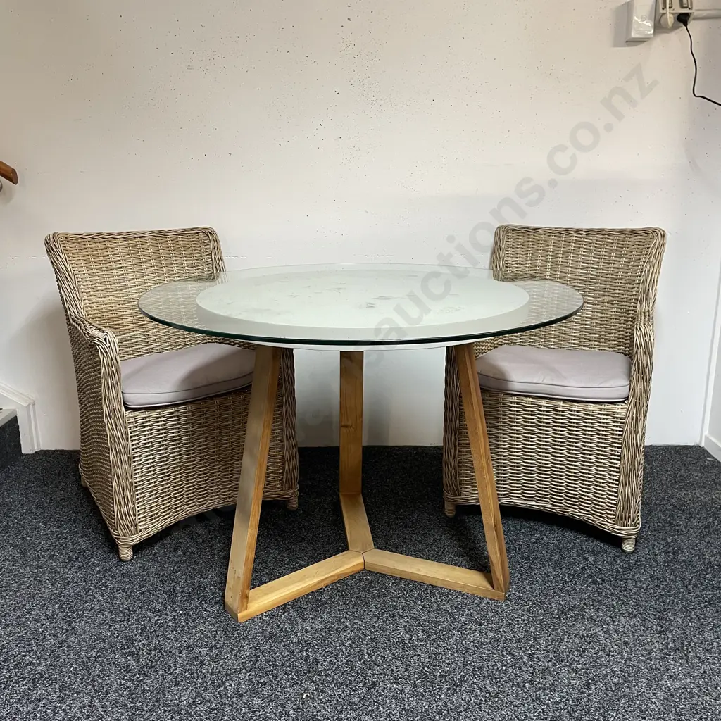 Freedom Furniture Glass Topped Concrete Resin Round Table on Tri Legged Wooden Base with pair of Rattan Chairs Image 1++
