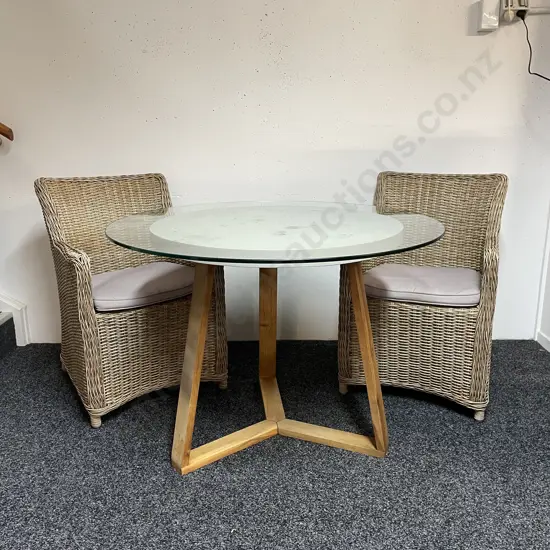 Freedom Furniture Glass Topped Concrete Resin Round Table on Tri Legged Wooden Base with pair of Rattan Chairs