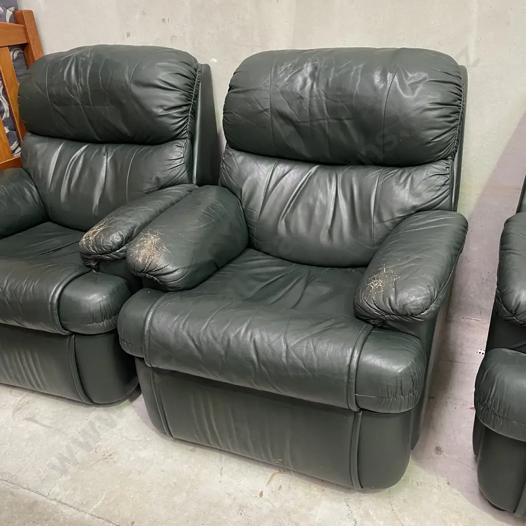 McCann Forest Green Leather 3 Piece Recliner Lounge Suite Image 1++