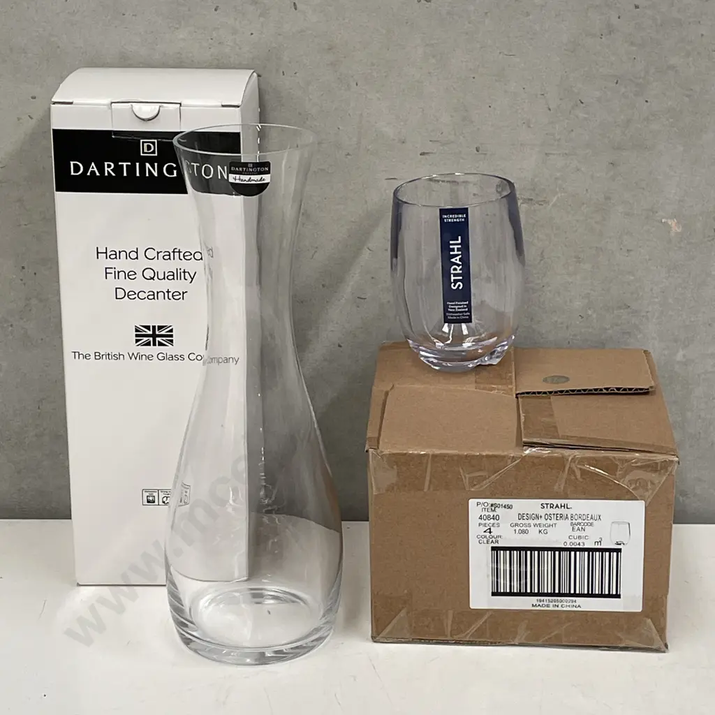 As New Boxed Dartington Decanter with Set of 4 Strahl Glasses Image 1++
