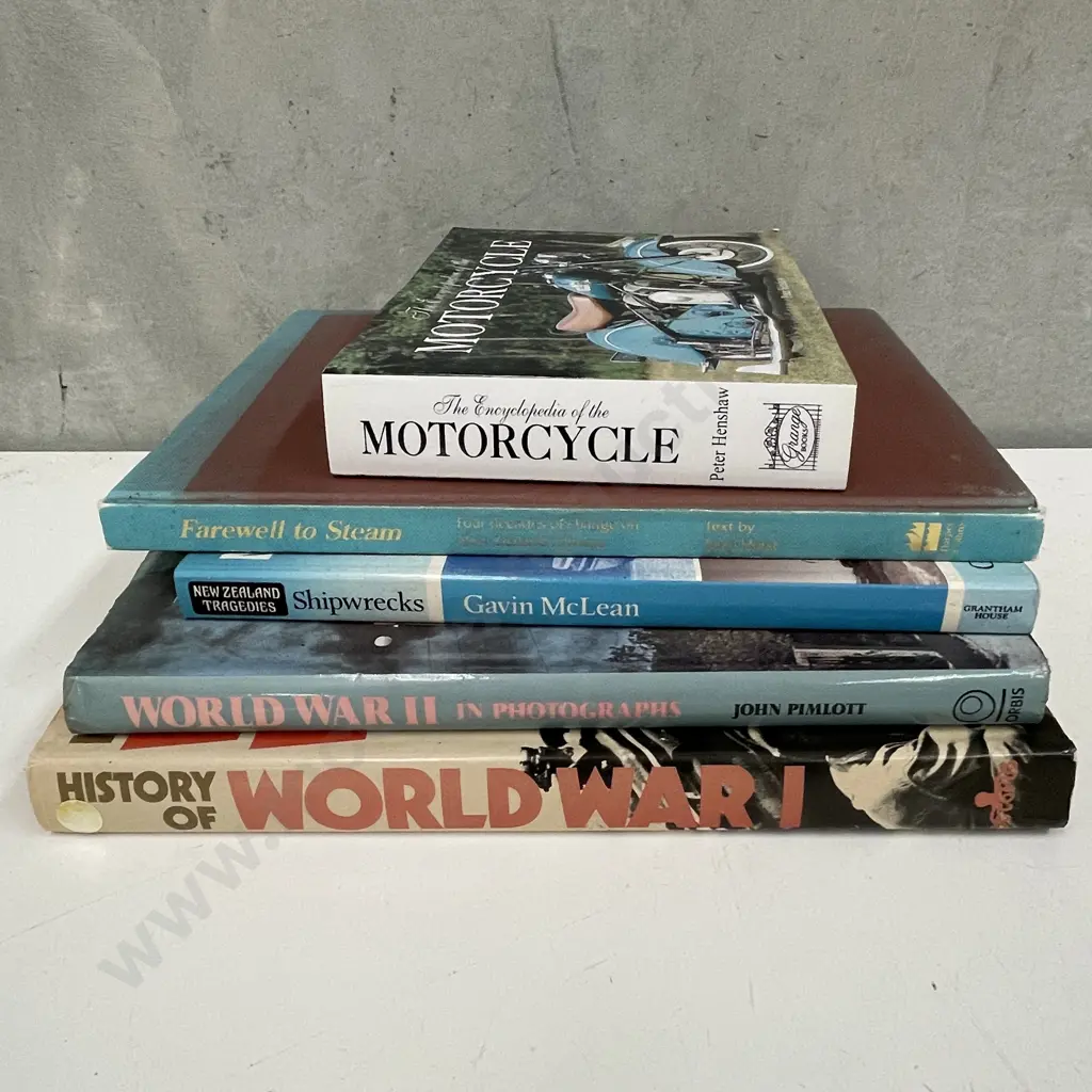 Assorted Books: War, Motorcyles, Steam train, Shipwrecks Image 1++