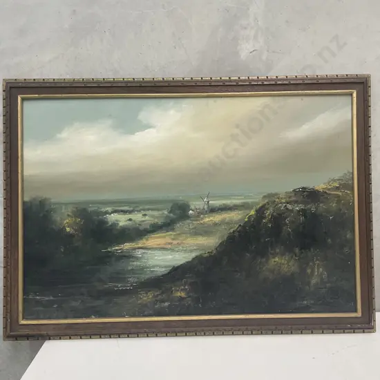 Large Original Signed Artwork. Landscape, windmill Scene. Ornate frame. 103x72cm