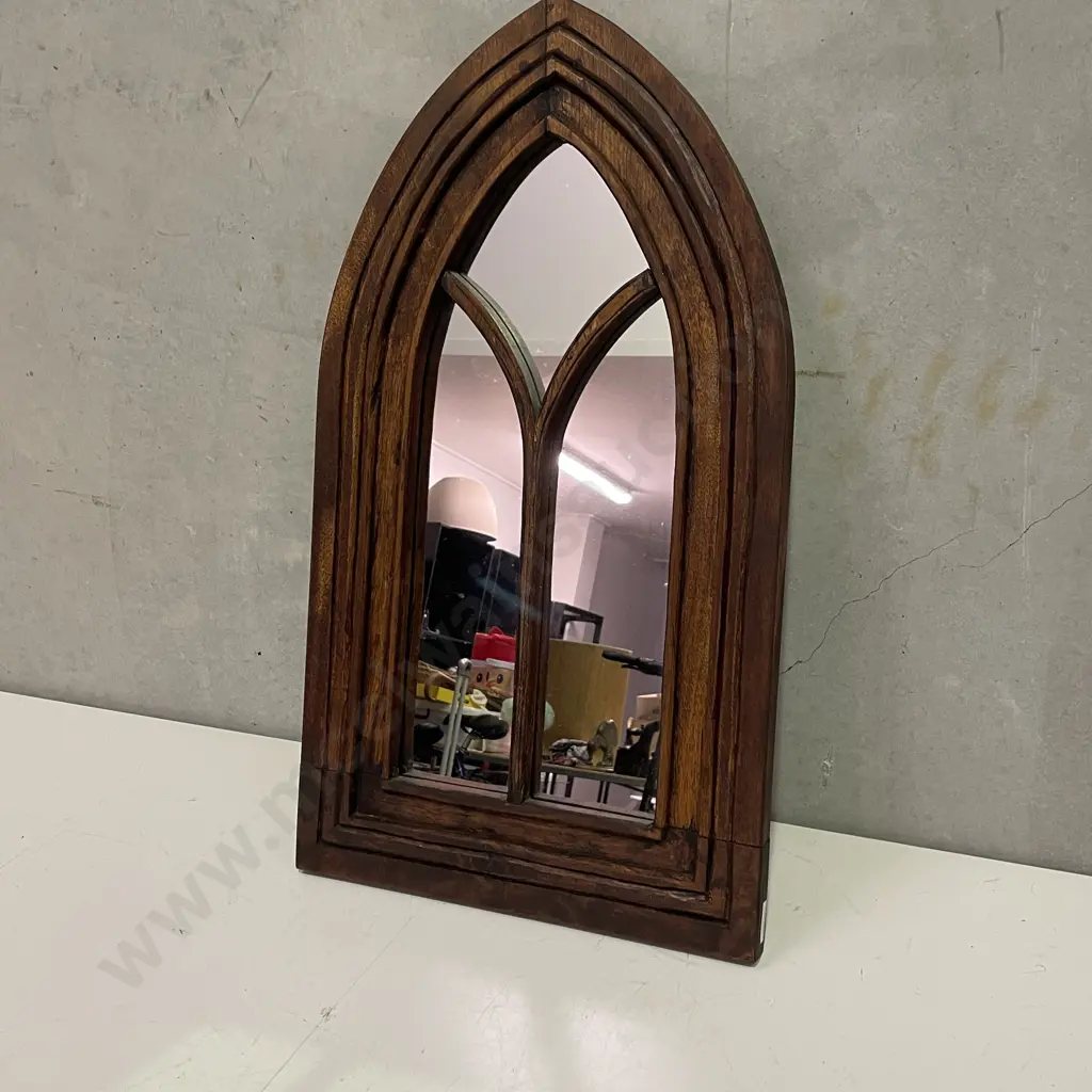 Vintage Solid Wood Arched and Mirrored Church Mirror H70cm W39cm Image 1++