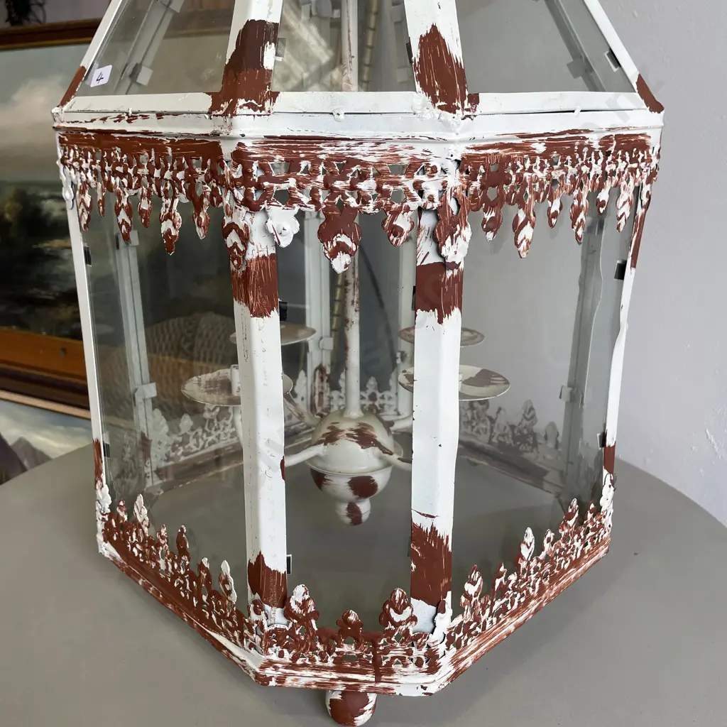 Massive Stunning Rustic 4 Armed Candleabra Lantern - Metal & Glass 100 x 37cm With Ceiling Rose & Hanging Chain Image 1++