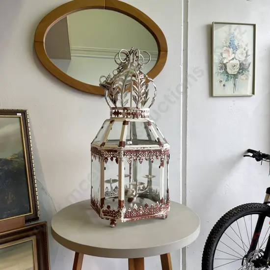 Massive Stunning Rustic 4 Armed Candleabra Lantern - Metal & Glass 100 x 37cm With Ceiling Rose & Hanging Chain