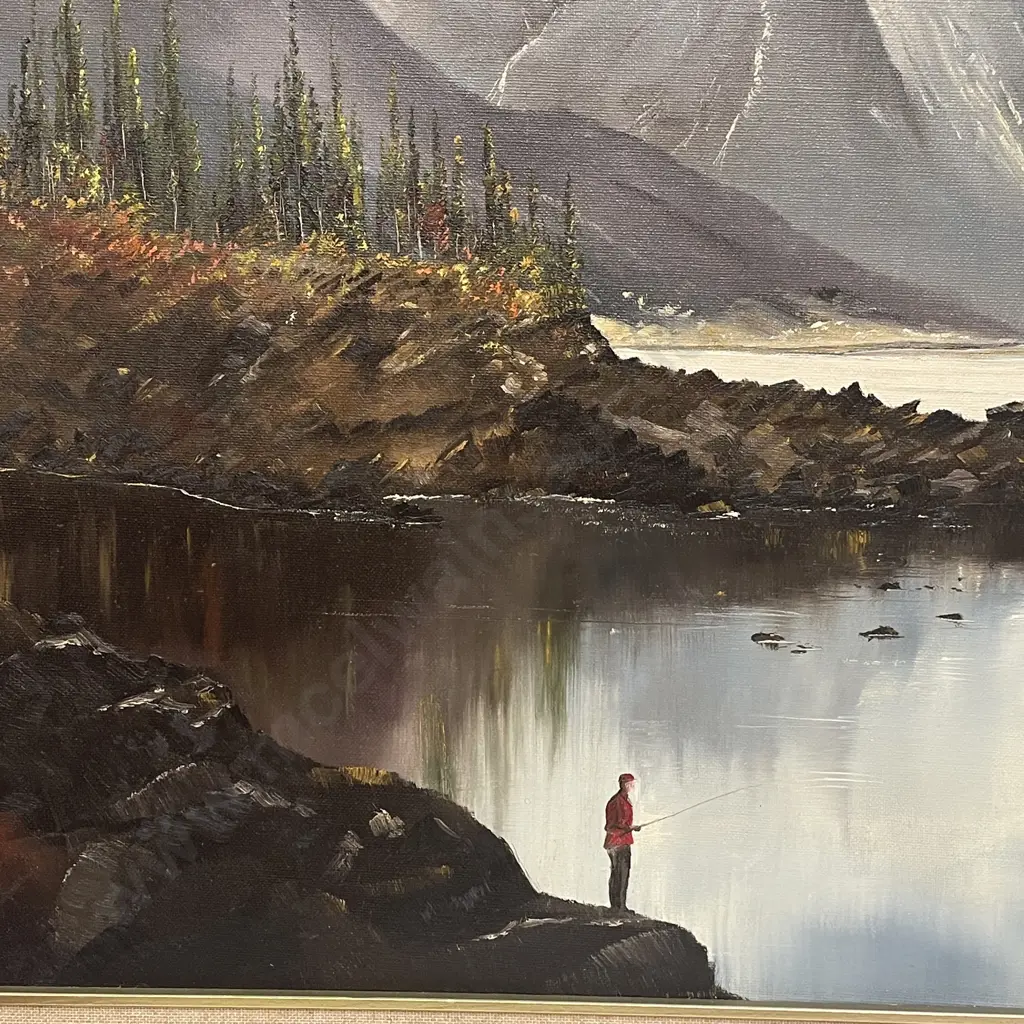 Signed Original John Johnston Artwork. Ornate Framed. Lake, Mountain, fishing scene. 97x67cm Image 1++