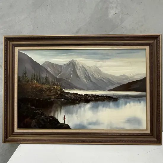 Signed Original John Johnston Artwork. Ornate Framed. Lake, Mountain, fishing scene. 97x67cm