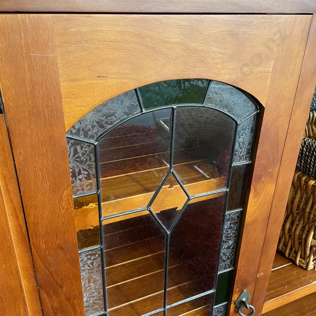Solid Rimu Entertainment Unit, Single Leadlight Door, 2 Base Doors with side CD Cabinet. Ring Handles. H132 W162 D56cm Image 1++