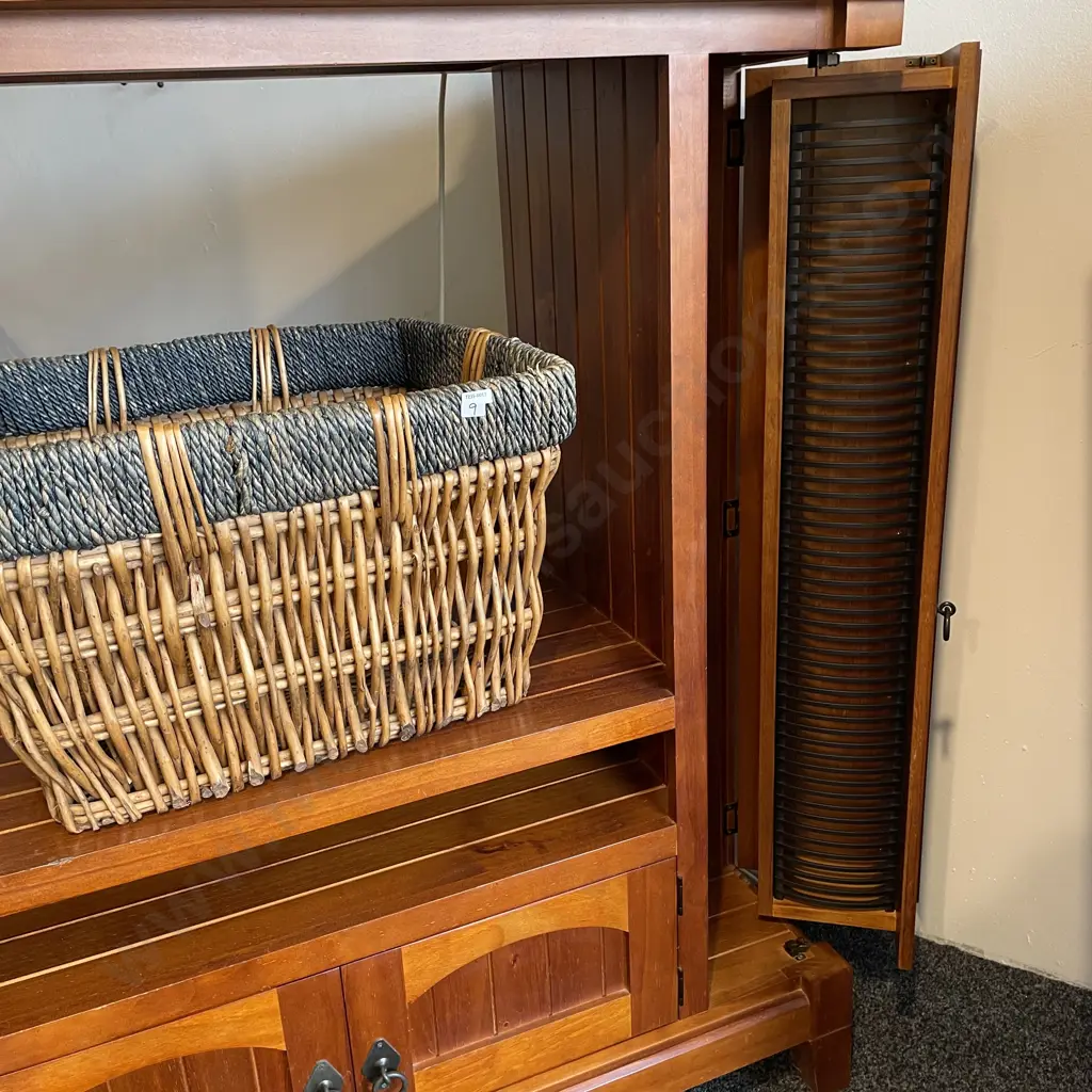 Solid Rimu Entertainment Unit, Single Leadlight Door, 2 Base Doors with side CD Cabinet. Ring Handles. H132 W162 D56cm Image 1++
