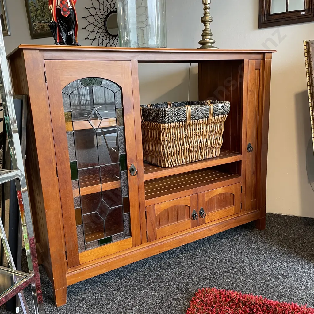 Solid Rimu Entertainment Unit, Single Leadlight Door, 2 Base Doors with side CD Cabinet. Ring Handles. H132 W162 D56cm Image 1++
