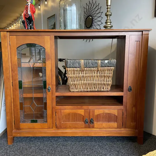 Solid Rimu Entertainment Unit, Single Leadlight Door, 2 Base Doors with side CD Cabinet. Ring Handles. H132 W162 D56cm