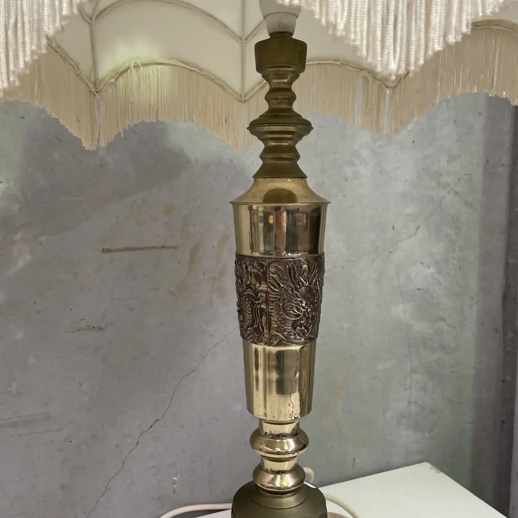 Vintage Brass Lamp with Cream Tassled Shade. H96cm Image 1++