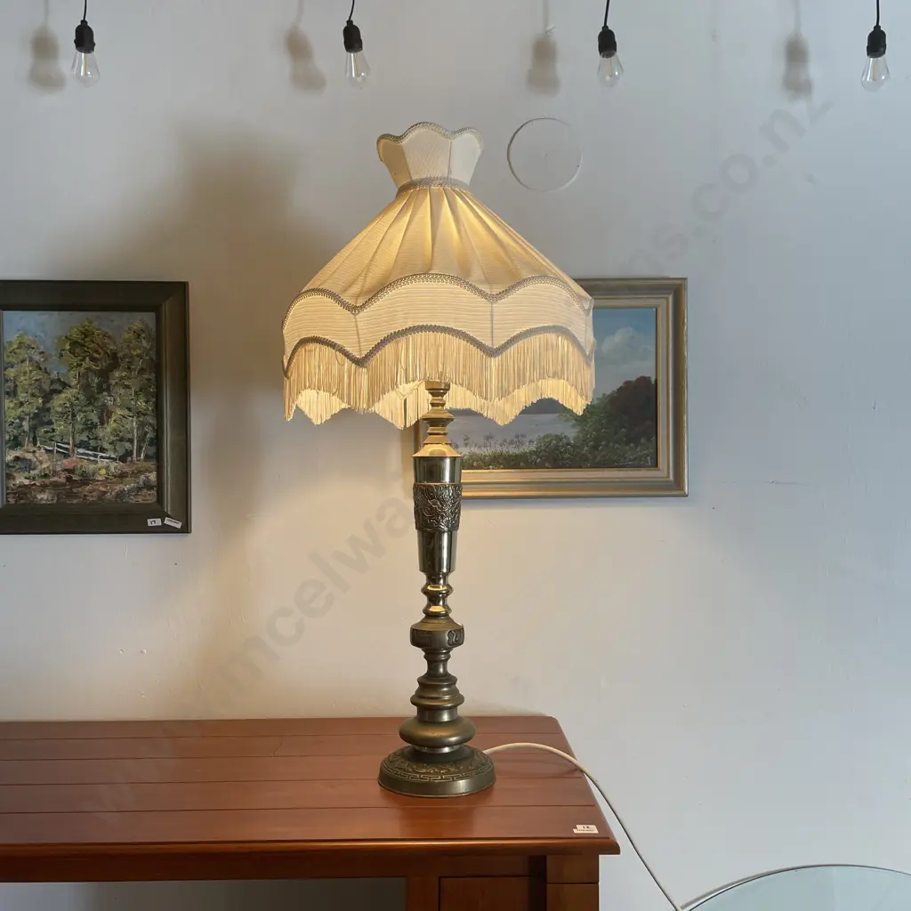 Vintage Brass Lamp with Cream Tassled Shade. H96cm Image 1++