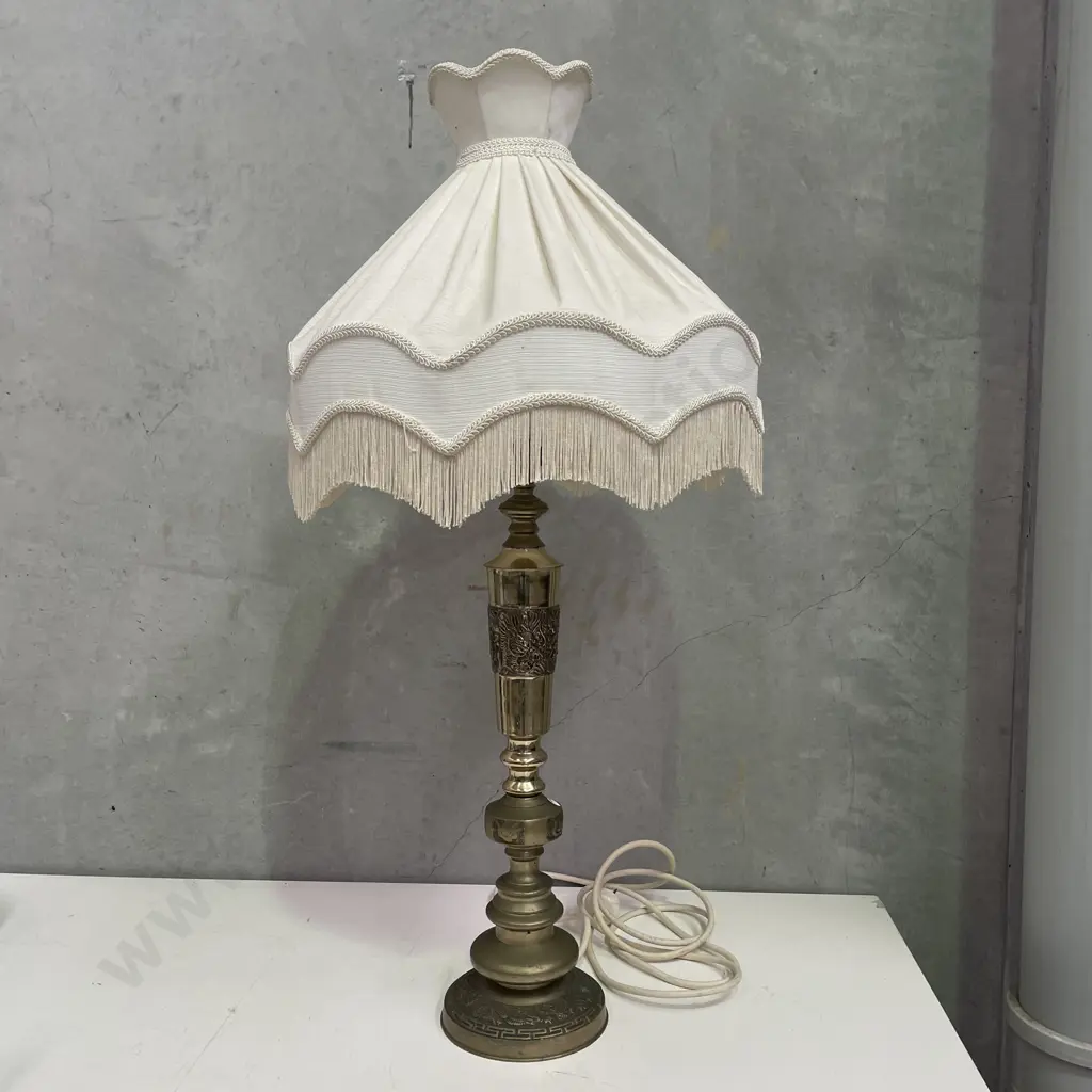 Vintage Brass Lamp with Cream Tassled Shade. H96cm Image 1++
